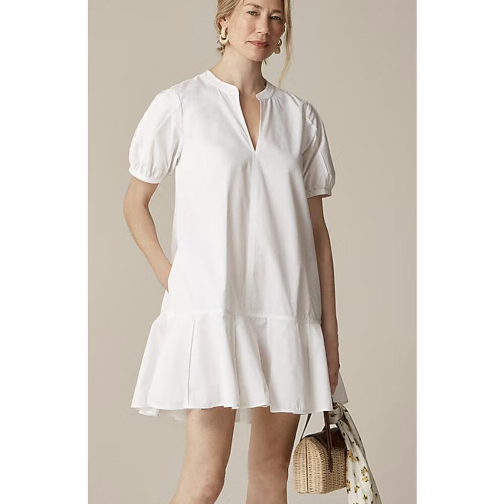 J.Crew Delilah Dress Womens XS White Cotton Poplin Split V-Neck Ruffle Hem CJ492